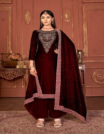 wine top - pure viscos velvet dyed with heavy codding neck work | bottom - pure viscos velvet dyed | dupatta - pure visocs velvet dyed with swarovski & 4 side embroidery work fabric embroidery work festive 