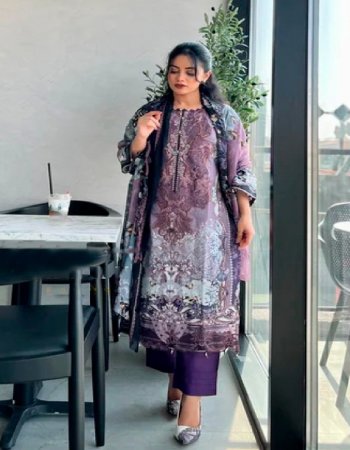 purple top - pure cotton printed with embroidery | bottom - semi lawn | dupatta - silver chiffon ( pakistani copy ) fabric printed work casual 