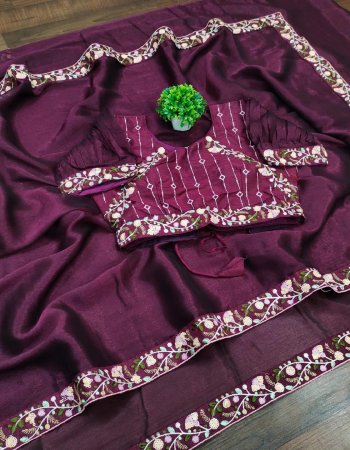 wine fancy fabric with sequance lace border with piping | blouse - heavy work stitch blouse ballon style with belt ( size - 42 - 44 )  fabric sequance work work casual 