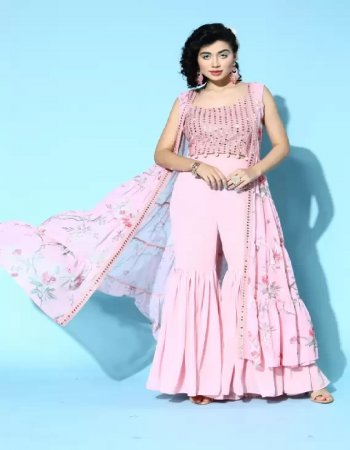 pink georgette | linning fabric - silk blend | bottom style - frilled sharara | print & pattern - floral print | work - sequance work | sharara length - 41 inches | shrug length - 48 inch  fabric embroidery work party wear 