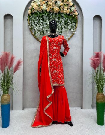 red top - faux georgette | inner - micro | work - zari work with sequance with fancy lace border | stitch - m ( 38 ) |l ( 40 ) | xl ( 42 ) | sharara - faux georgette | work - fancy lace border | stitch - full stitch upto 44 with elastic | dupatta - faux georgette with four side lace border fabric embroidery work ethnic 