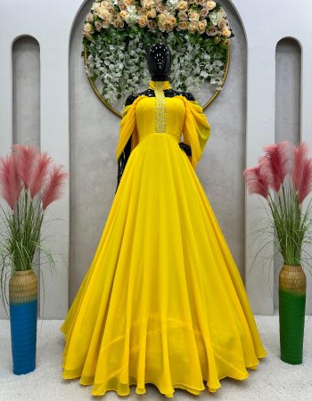 yellow gown - faux georgette | inner -  micro | work - thread with sequance work | flaired - 8m | size - m ( 38 ) | l ( 40 ) | xl ( 42 )  | with padded fabric plain work ethnic 