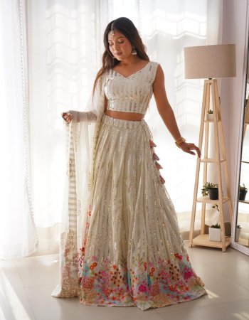 white lehenga - fox georgette | work - 3mm sequance | size - upto 44 | length - 42 | size - upto 44 | inner - crep | lehenga type - semi stitch | flair - 3m canvas patta & cancan | choli - fox georgette |work - 3m sequance work | size - upto 44 ( unstitch ) | dupatta -  fox georgette sequance work ( 2.20 m)  fabric embroidery work party wear 