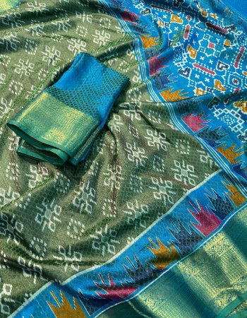 green soft and smooth ikkat fabric with nylon zari border and pochampali printed fabric printed work ethnic 