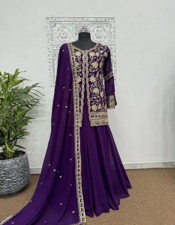 purple top - heavy faux georgette | work - fancy heavy embroidery sequance work | sleeves - full sleeves with embroidery work | inner - micro cotton | top length - 32 - 33 inch | top size - xl stitch with xxl margin | plazzo - heavy faux georgette | plazzo length - 40 - 42 inch ( full stitched ) | dupatta - heavy faux georgette with fancy embroidery work ( 2.1 m) fabric embroidery work party wear 
