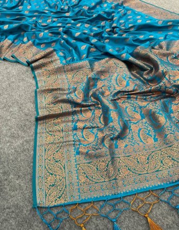 sky blue satin banarasi silk  fabric weaving work festive 