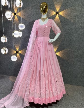 pink gown - fox georgette with embroidery sequance work with full sleeves | inner - micro cotton | length - 55 inch | flair - 3 m | gown size - upto 42 xl free size ( full stitched ) | dupatta - fox georgette with four side sequance embroidery border ( 2.40 m) fabric embroidery work festive 