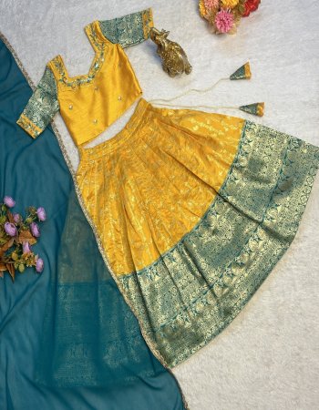 yellow blouse - zari weaving cotton silk with neck embroidery work | lehenga - zari weaving cotton silk with weaving printed border work | inner - micro cotton | dupatta - blooming georgette with rich lace work  fabric embroidery work festive 