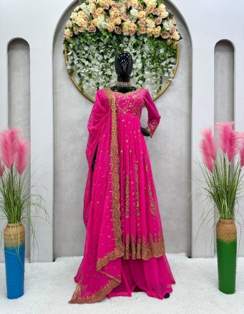 pink top - fox georgette | work - zari with 3mm sequance work | size - m ( 38 ) | l ( 40 ) | xl ( 42 ) | length - 55 | inner - crep | flair - 3.0 m | plazzo - fox georgette | work - plain | size - upto 44