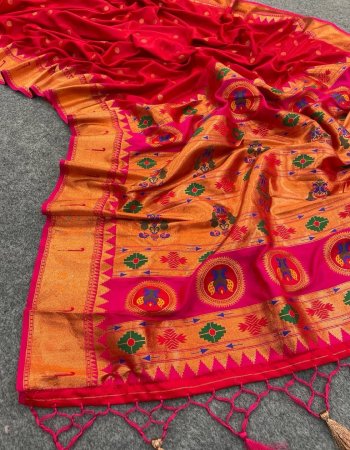 red ultra satin pure banarasi silk fabric weaving work party wear 
