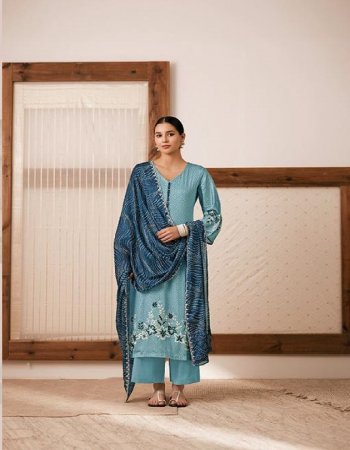 sky blue top - pure muslin digital printed with placement gara embroidery on front sleeves | dupatta - pure chinnon with digital printed and scalloped gara embroidery | bottom - pure cotton satin fabric digital printed  work festive 