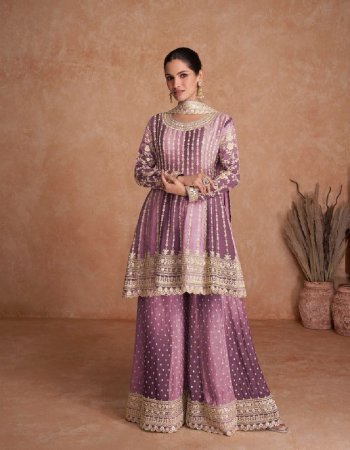 purple top - heavy real chinon with embroidery work & sequance work | top type - stitched | size - 44 size | sleeves - heavy real chinon | inner - santoon | plazzo - heavy real chinon with embroidery sequance work with inner attached ( santoon ) | sharara - stitched | dupatta - heavy real chinon with embroidery work with 4 side less work  fabric embroidery work ethnic 