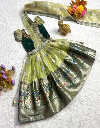 parrot green gown - tissue organza with zari weaving with hand embroidery work | inner - micro cotton | dupatta - tissue organza with zari weaving work belt design ( self attched )  fabric weaving work casual 