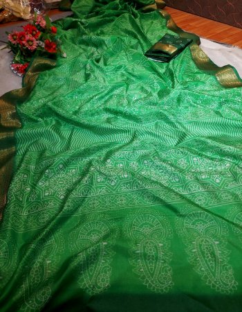 parrot green soft dola silk bandhani digital print saree with ajrakh print pallu fabric digital printed work festive 