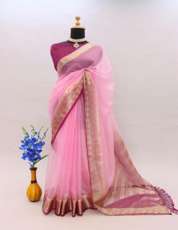 pink soft banarasi kota organza silk and running blouse fabric weaving work casual 