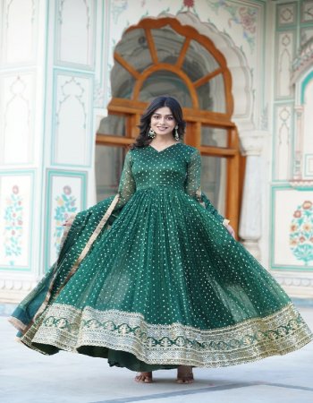 dark green top - nylon jacquard butti with embroidery zari sequance work | length - 56 inch | flair - 3.5m approx | linning - cotton ( full inner top to bottom )  | sleeves - full sleeves | neck type - fancy v neck | stitching type - stitch with canvas patta | dupatta - nylon jacquard butti with designer lace border | length - 2.3m approx  fabric embroidery work ethnic 