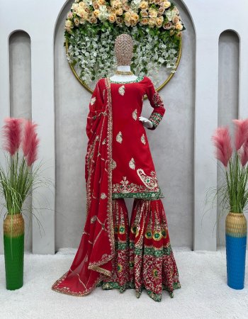 red top - faux georgette | inner - micro | work - thread with sequance work | size - m ( 38 ) | l ( 40 ) |xl ( 42 ) | sharara - faux georgette with thread sequance work | stitch - full stitch upto 44 with elastic | dupatta - faux georgette with thread sequance fancy lace border ( 2.2 m) fabric thread work work party wear 