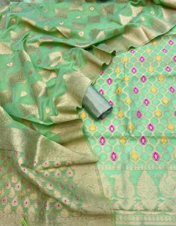 green top - pure chanderi banarasi silk 3 m cut ( including 0.40m sleeves ) | bottom - cotton silk ( 2.50m cut ) | dupatta - woven chanderi banarasi silk ( 2.30m cut ) with tussels both end | type - material | size - fits upto 60