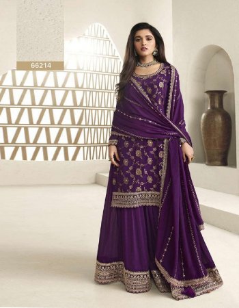 purple top - heavy jacquard silk chinon & multi work | size - 60+| inner - santoon | sleeves - heavy jacquard silk | plazzo - heavy chinon & multi work | plazzo length - 42 | inner - santoon | dupatta - heavy chinon multi work | type - semi stitched ( material )  fabric embroidery work festive 