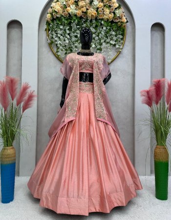 pink lehenga - chinon | work - thread with sequance work  | size - upto 44 | inner - micro | type - semi stitched | flair - 4m with canvas patta | choli - chinon| inner - micro | work - thread with sequance work | size - upto 42 ( unstitched ) | shrug - tabby organza | work - thread with sequance | size - full stitch upto 42 fabric sequance work casual 
