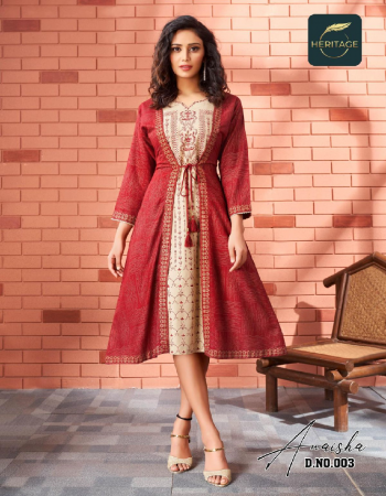 red rayon designer printed flared kurti with jacket pattern and handwork | (length - 42) fabric printed work casual 