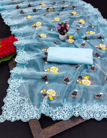 sky blue saree - soft organza silk | work - embroidery thread | blouse - feentam silk | work - embroidery thread (0.80 mtr) (master copy) fabric embroidery thread work ethnic  