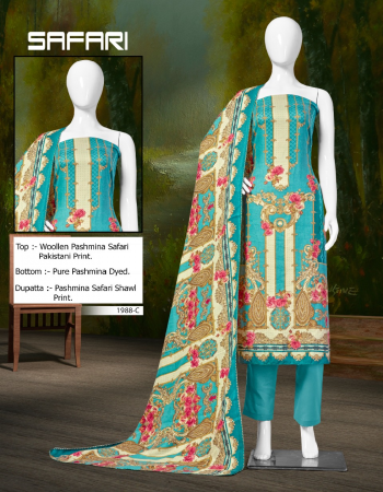 rama blue top - woollen pashmina safari pakistani print | bottom - pure pashmina dyed | dupatta - pashmina safari shawl print fabric printed  work wedding 