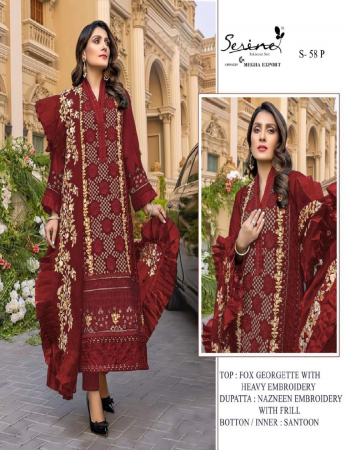 red top - fox georgette with heavy embroidery | dupatta - nazmeen embroidery with frill | bottom / inner - santoon(pakistani copy) fabric embroidery work wedding 