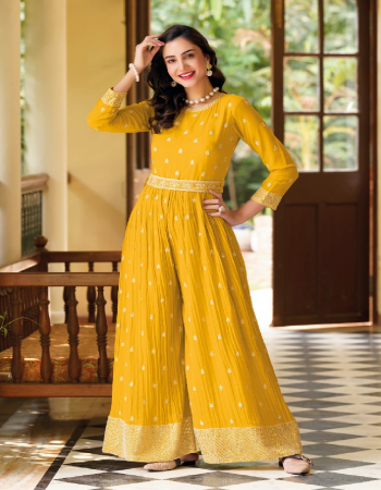 yellow chinon & georgette with embroidery work front & back fabric embroidery  work wedding 