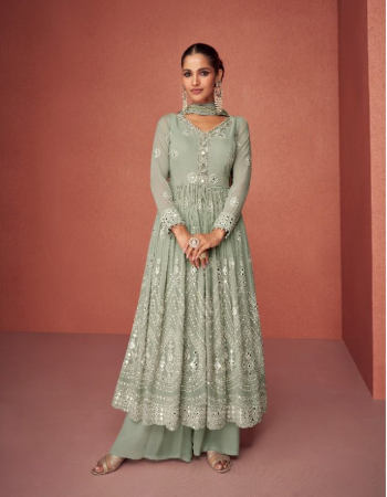pista green top - real georgette (free size stitch) | plazzo - real georgette (free size stitch) | dupatta - real georgette  fabric embroidery  work wedding 