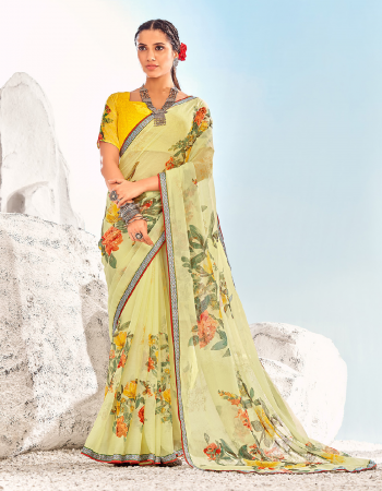 yellow georgette  fabric printed work ethnic 