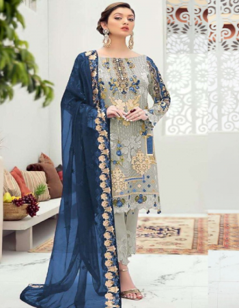 blue top - faux georgette with heavy sequence embroidery work with hand pearl work and daman cut work with latkan | bottom - heavy santoon | dupatta - nazmeen with heavy embroidery and machine cut work (pakistani work) fabric embroidery work wedding 