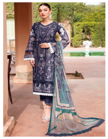 navy blue top - pure cotton with heavy self | embrodiery & embroidery patch | bottom - cotton solid | dupatta - cotton mal mal print (pakistani copy) fabric embroidery work festive 