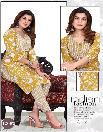 yellow top - pure cambric jaipuri foil cotton straight kurti | bottom - pure jaipuri cotton pant with full interlock on each joint | top length - 40