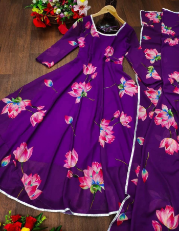 purple georgette complete lining floral print | flare - 3.5 inches | length - 50