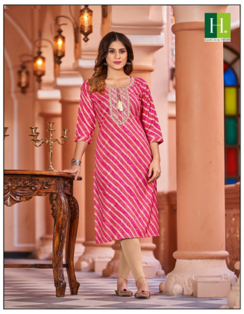pink fabric - heavy rayon foil print | concept - festive wear kurti with embroidery work & dori | length - 45