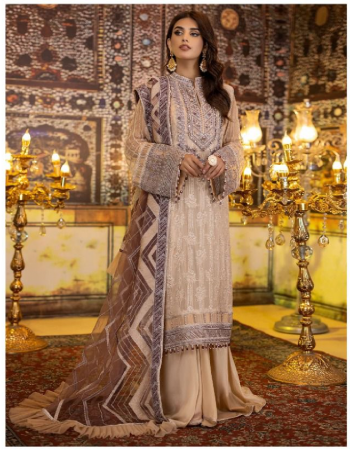 cream top - heavy georgette beautiful with fancy embroidery work with moti work diamond work | bottom - heavy santoon | dupatta - net embroidery / nazmeen embroidery work fancy lace (pakistani copy) fabric embroidery  work wedding 