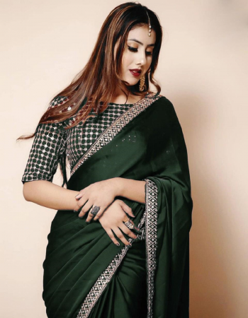 dark green saree - dola silk with beautiful embroidery coding + sequence work on lace border | blouse - heavy mono silk with embroidery coding + sequence work | blouse unstitch (master copy) fabric embroidery  work wedding 