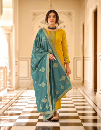 yellow top - soft silk with designer embroidery on neck & sleeves (3.05 mtr)  | bottom - pure jam satin dyed | dupatta - pure viscose dola jacquard with four side fancy lace  fabric embroidery work wedding 