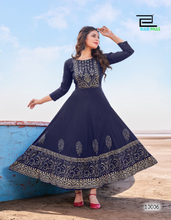 navy blue fabric - rayon 14kg foil print | concept - long gown | syle - length - 52+ | type - anarkali kurti  fabric printed  work ethnic 