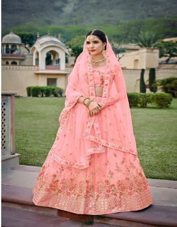 pink lehenga - net with silk satin inner with can can & canvas in border | blouse - net with silk satin inner | dupatta - net  fabric embroidery  work wedding 