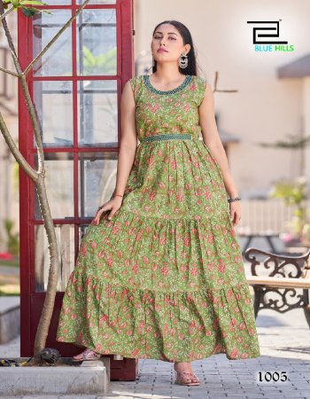 pista fabric - rayon 14kg mill print | concept - long frill gown with mirror work | length - 50+
