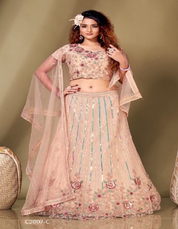 peach top - designer embroidery with leather flower patches with embroidery | lehenga - fancy cd work with leather flower patches and multi embroidery work | dupatta - heavy net with coding and multi embroidery work | size - 37 (ready ) 2 - 2 inch margin extended 42| sleeves inside fabric embroidery  work wedding 