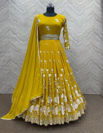 yellow gown - heavy faux georgette 5mm sequence work | sleeve - full sleeve with embroidery 5mm sequence work | inner - heavy micro cotton | gown length - 56 - 58 inch |gown flair - 3 mtr | waist belt - heavy faux georgette with embroidery 5mm sequence work | dupatta - heavy fox georgette fancy lace border  fabric embroidery  work wedding 