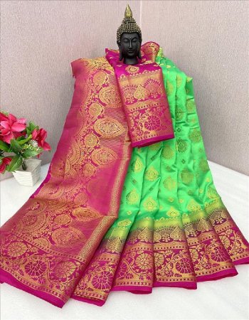 parrot green pure banarasi silk look saree / broad 7 inch zari woven patta / rich contrast pallu & contrast designer blouse  fabric printed  work ethnic 