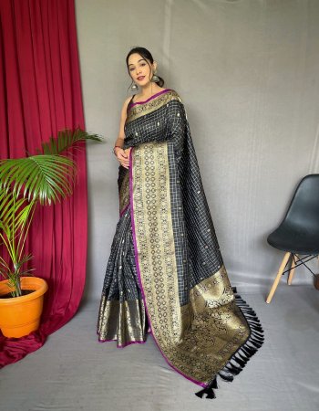black antique weaving used in this handloom sarees | heavy gold big jacquard weaving border and small motifs with meena in the body all over | blouse - plain with zari border  fabric weaving  work wedding 