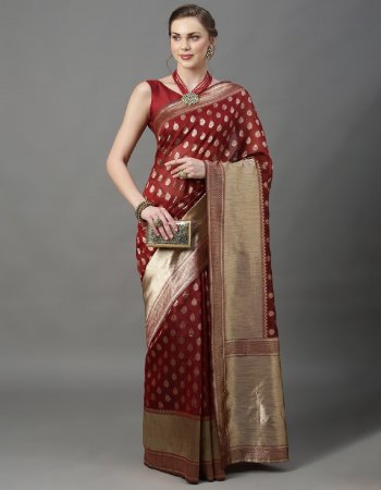 red cotton silk woven design floral zari border banarasi designer saree with blouse piece  fabric printed  work ethnic 