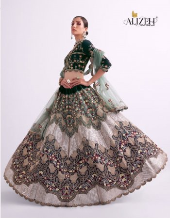 dark green net lehenga dupatta & blouse beautifully embroidered with cording sequence thread and zari work | zarkan and hand embellishment done all over the lehenga blouse & dupatta | blouse - unstitched upto 44