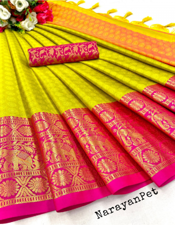 yellow mercerised soft silk in exclusive border design i minawork gold elephant self viewing all our zari pattern i contrast maching gold blouse i saree 5.5 m i blouse- 0.80 m  fabric minawork work festive  