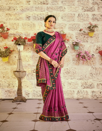 pink rangoli crepe fabric with multi- zari embroidery work with diamond and embroidery border and blouse  fabric diamond work  work festive  